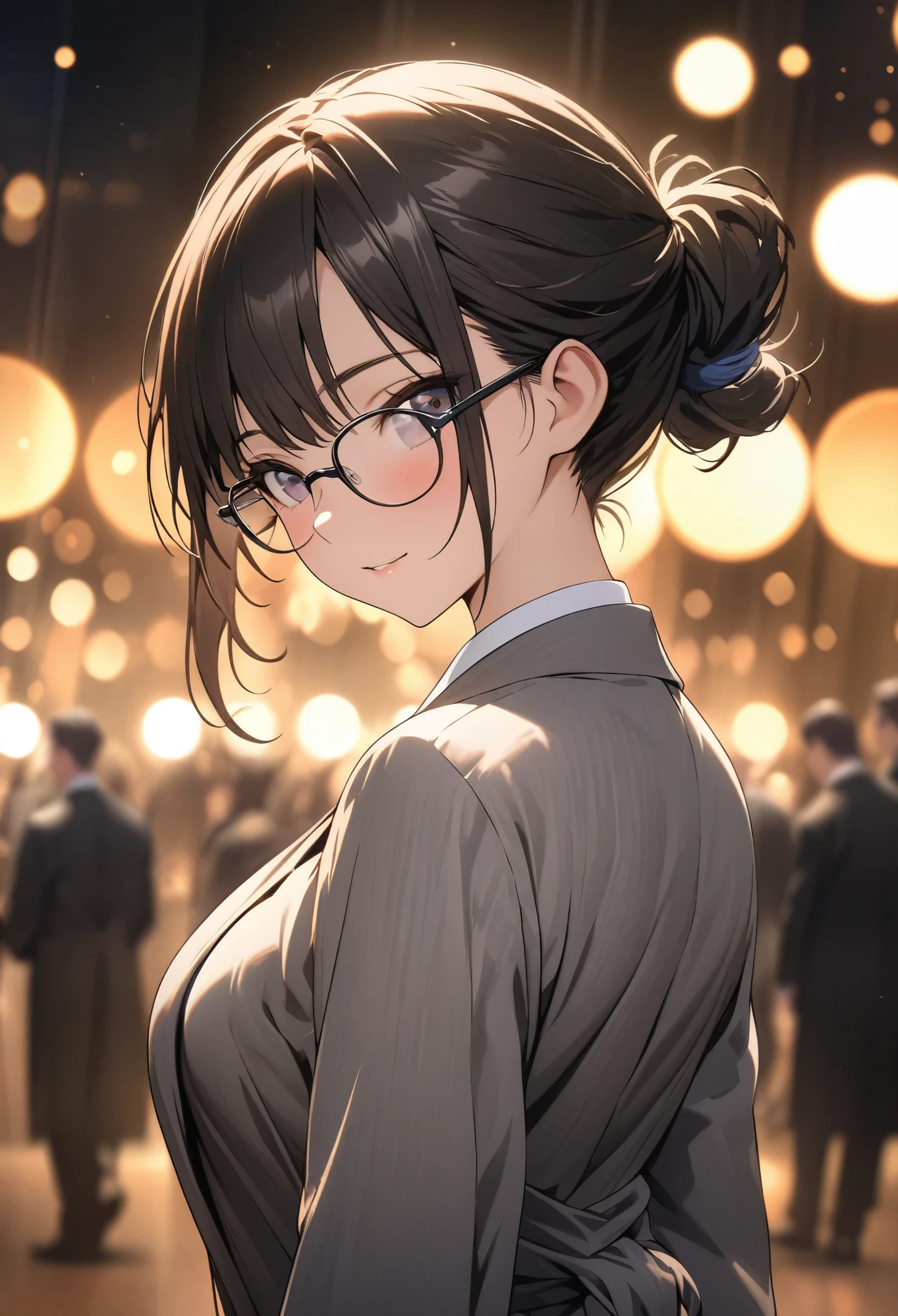 masterpiece, best quality, extremely detailed CG unity 8k wallpaper, lawyer, woman, Glasses, Wearing a crisp suit, Hair tied up, bokeh photography, (soft focus):1.2, out-of-focus highlights, dreamy ambiance, glowing circles, mesmerizing depth, Cowboy Shot, Court