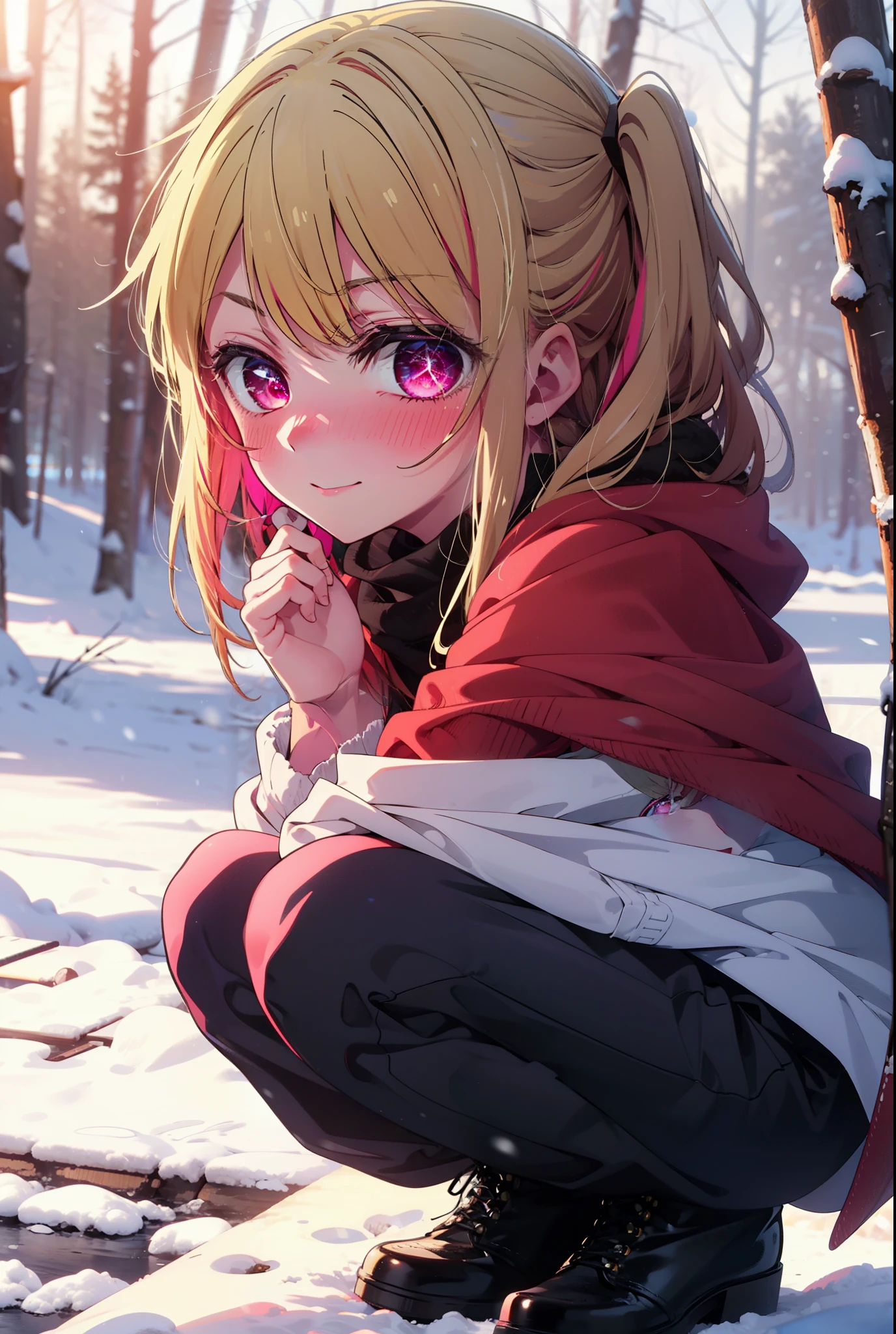 rubyhoshino, Hoshino Ruby, Long Hair, bangs, blonde, (Pink Eyes:1.3), Side Lock, (Symbol-shaped pupil:1.5), Multicolored Hair, Two-tone hair, smile,,smile,blush,white breath,
Open your mouth,snow,Ground bonfire, Outdoor, boots, snowing, From the side, wood, suitcase, Cape, Blurred, , forest, White handbag, nature, Squat, Mouth closed, Cape, winter, Written boundary depth, Black shoes, red Cape break looking at viewer, Upper Body, whole body, break Outdoor, forest, nature, break (masterpiece:1.2), Highest quality, High resolution, unity 8k wallpaper, (shape:0.8), (Beautiful and beautiful eyes:1.6), Highly detailed face, Perfect lighting, Extremely detailed CG, (Perfect hands, Perfect Anatomy),