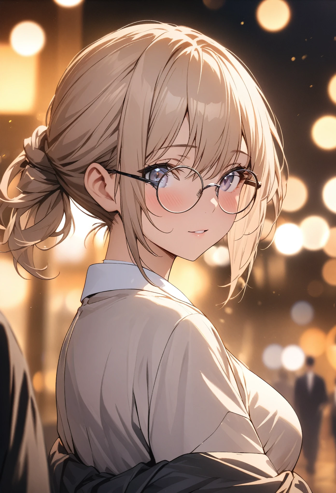 masterpiece, best quality, extremely detailed CG unity 8k wallpaper, lawyer, woman, Glasses, Hair tied up, bokeh photography, (soft focus):1.2, out-of-focus highlights, dreamy ambiance, glowing circles, mesmerizing depth