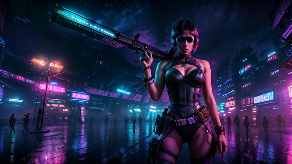 at night. futuristic railway station, neon-themed artwork with vibrant purple and blue colors, intense neon lights illuminating the entire scene, a dense layer of mist creating a dreamy atmosphere, a captivating and mesmerizing background with intricate details, a gaming-inspired theme with RGB lighting effects. (((1girl, solo, alone))), female assassin, large-breast:1.4 slim:0.8 body, medium hair, cleavage:1.1, sexy micro laced lingerie, (black sunglasses), (((((she raised a pistol:1.8 and shot the viewer))))), standing pose, ((half-body thigh:0.95 level medium shot)), cinematic lighting, lens flare, ray tracing.