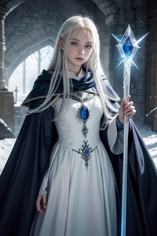 Pale princess mage with sapphire blue eyes and long white hair with an ice staff and wearing a dark medieval robe, fifteen years old 