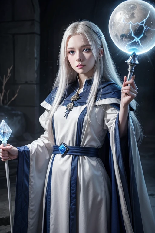 Pale princess mage with sapphire blue eyes and long white hair with an ice staff and wearing a dark medieval robe, fifteen years old