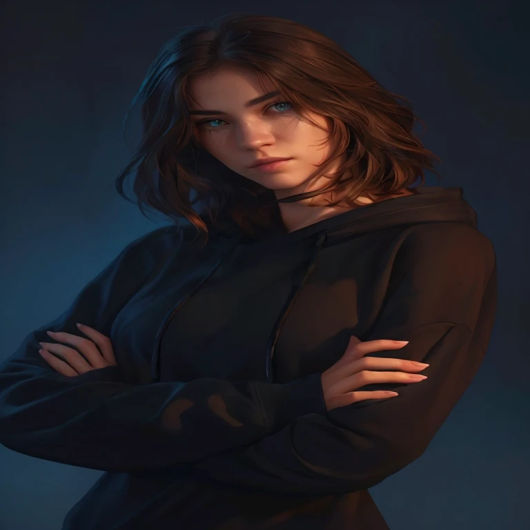 a close-up of a woman wearing a hoodie, posing for a photo, Woman portrait, detailed character portrait, high quality portrait, epic portrait illustration, realistic art style, Character Art Portrait, in the art style of bowater, Detailed digital painting, Atreja DeVoid