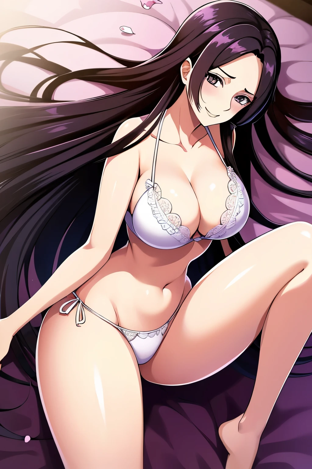 Perfect hands, Perfect hands指, Marinette Akizuki, Hamana Akizuki, Long hair, Brown hair, (Purple Eyes:1.1), rest looking at viewer, rest indoors, rest (masterpiece:1.2), best quality, high resolution, Unity 8K wallpaper, (illustration:0.8), (Beautiful and delicate eyes:1.6), Extremely detailed face, Perfect lighting, Extremely detailed CG, (Perfect hands, Perfect anatomical structure),Smooth skin, Smile, Happy，Slim,(beautiful,Chest:1.3), whole body, white bra, black lace, white panty