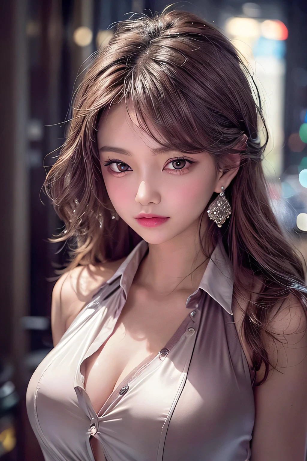 masterpiece, 1 Beautiful girls, Fine grain, highest quality, Ultra High resolution, (reality: 1.4), (backlighting), Beautiful Skin, (Ultra-realistic), (High resolution), (8k), (Very detailed), ( Best illustrations), Pouting slightly,  (Crystal colorful lights), Extremely refined and beautiful, beautiful detailed eyes, Round eyes, detailed facial features, (Round pupils:1.4), (alluring face), Smiling lips, (small breasts:1.3), enjoy, Open lips, (Beautiful and detailed face, Beautiful and delicate eyes), pink cheek, mascara, wavy brown hair, (cleavage:1.3), wearing white blouse, blazer, bracelet, necklace, black midi pencil skirt, black suit skirt, heels, (full body:1.3), wide hips, walking a city, midnight, dynamic pose,  (low angle shot:1.5),