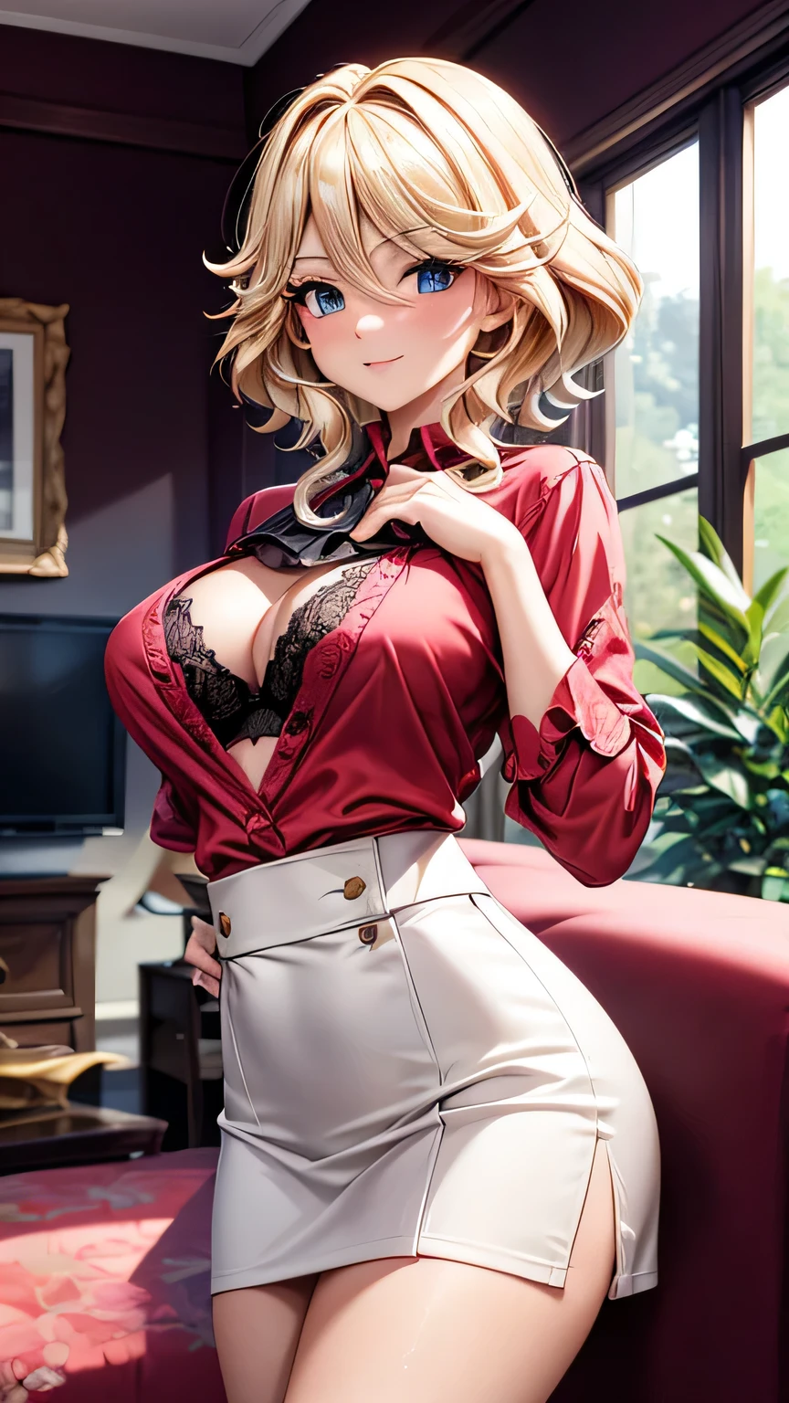 (Masterpiece), (4k), ) (vivid colors), (evening light) 40 year old blonde woman, dressed as a successful businesswoman with a seductive pose and look, dressed in a low-cut red blouse with part of her white lace bra sticking out, a short black floral skirt in the living room of her house