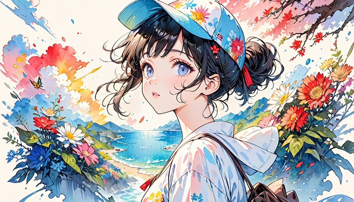 Momoko Sakura Style、8K quality、Intense watercolor, Detailed watercolor art, Watercolor splash, surreal, Avant-garde pop art, Beautiful and expressive paintings, Beautiful artwork illustration, Very colorful tones, wonderful, Cool Beauty, Highest quality、Official Art, vector art, Stylish design, (((The most beautiful girls in summer clothes))), (((Highest quality))), High resolution, ((detailed)), (((Doodle Art)), ((masterpiece)), ((Super detailed)),,(((Shyness))),((sexuell)),(((Background white))),((baseball cap))