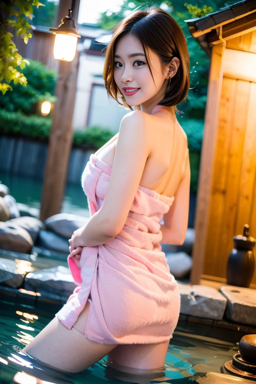 Japanese hot springs, There are bamboos growing around, Best image quality:1.40), Realistic photos, (The woman is an actress), (Beautiful woman), Beautiful expression, (Detailed eyes:1.5), (iris:1.4), Do not hold in your hands, (((night:1.6))), (nightで周りは暗い:1.4), (Lighting the Woman), (Detailed face:1.7), (((Intensify the red of your lipstick:1.1))), (smile:1.5), (Keep your nose small:1.4), (Small face:1.4), (Shiny Hair:1.4), (Black-haired:1.45), (Muscular body:1.0), High resolution, Physical Excellence, evening, sunset, (Big Breasts:1.6), (Big Ass:1.5), (glamorous:1.5), (short hair:1.2), (cute日本人), (cute女性), (Written interface depth/1.2:1.45), (Blurred Background), (hair ornamentsをして:1.5), (Wear earrings:1.4), (With a red pendant:1.5), break, sharp, RAW Photos, ((The background is blurry、There are other customers with towels wrapped around them..:1.8)), Take a bath in the hot springs at a mountain hut, Highest quality, (Large Breasts:1.4), Push up cleavage, (Large Breastsの谷間を見せて), Accentuate your cleavage, One Woman, 24-years-old, cute, cute日本人, ((shoulder-deep in water:1.4)), (Wrap a pink towel around yourself to cover your body.:1.3), The towel is knee-length, ((The towels are pink:1.4)), ((Take a photo of your upper body from the knees up:1.3)), (The hot spring is murky and blue in color..:1.8), BREAK, ((He is trying to get out of the hot spring with one foot on the edge:1.6)), ((The back is photographed from below.:1.5)), ((from below:1.4)), (Lift one leg:1.3)