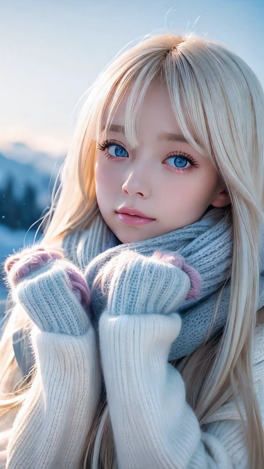 alone, very beautiful nordic girl、Shiny light blonde hair, Beautiful super long straight dazzling blonde hair fluttering in the strong wind,Long bangs obstruct the view、 Very large eyes are pale sky blue, Detailed face, White and beautiful skin、Cheek gloss highlighter、Mittens, White scarf, whole body, Snow Forest, Attractive areas, (Blushing your nose, Heavy breathing:1.1), (dark:1.4)