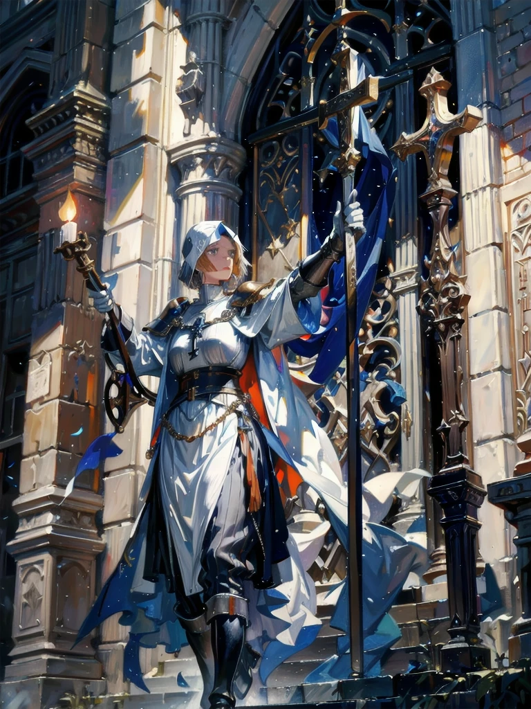 Joan of Arc, Medieval France,  and skinny, White surcoat and cross armor, adobe photoshop, realistic digital painting, Historical portraits, High resolution, Warm candlelight, symbolic art, Brave, Resolute expression, exciting atmosphere