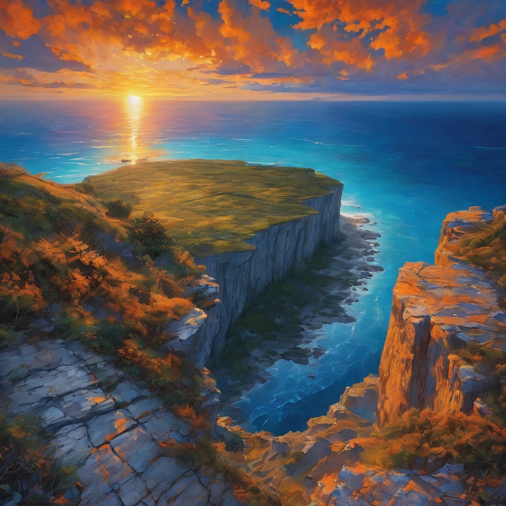 View upon a cliff and the beautiful blue orange sunset, gorgeous,   (Sunset:1.2), ultra detailed,  intricate, (surrealism:1.1), (disturbing:1.1), 