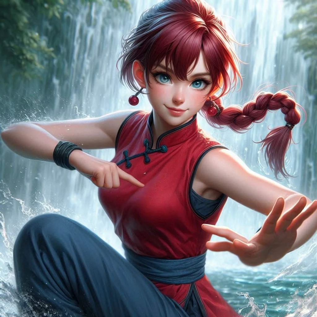 Potography hyper realistic of Ranma, a young female character with striking red short hair with a braided pigtail, has a beautiful body. She is dressed in kungfu attire: a sleeveless red shirt, navy pants, and slip-on shoes. Standing behind her is a large, serious panda. Both are captured in dynamic action poses with martial arts elements, set against a misty waterfall backdrop.