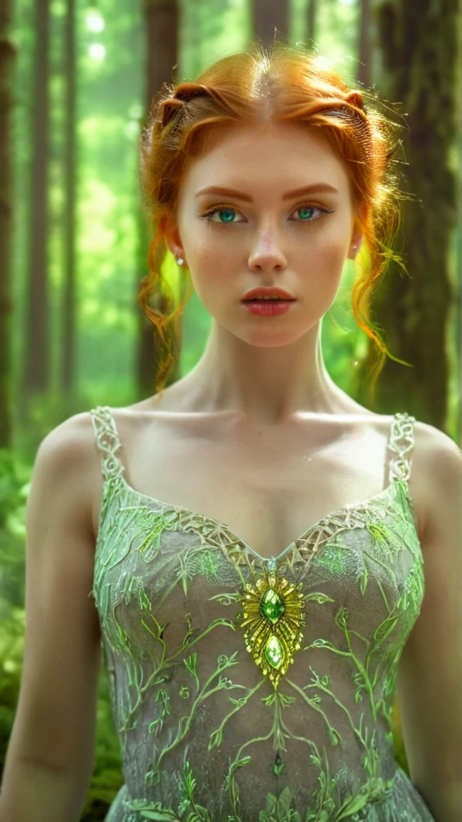 a beautiful young redhead woman with striking yellow-green eyes, detailed face, long eyelashes, beautiful detailed lips, elegant dress, intricate jewelry, ethereal atmosphere, glowing skin, natural lighting, fantasy forest background, (best quality,4k,8k,highres,masterpiece:1.2),ultra-detailed,(realistic,photorealistic,photo-realistic:1.37),vibrant colors,cinematic lighting,portrait