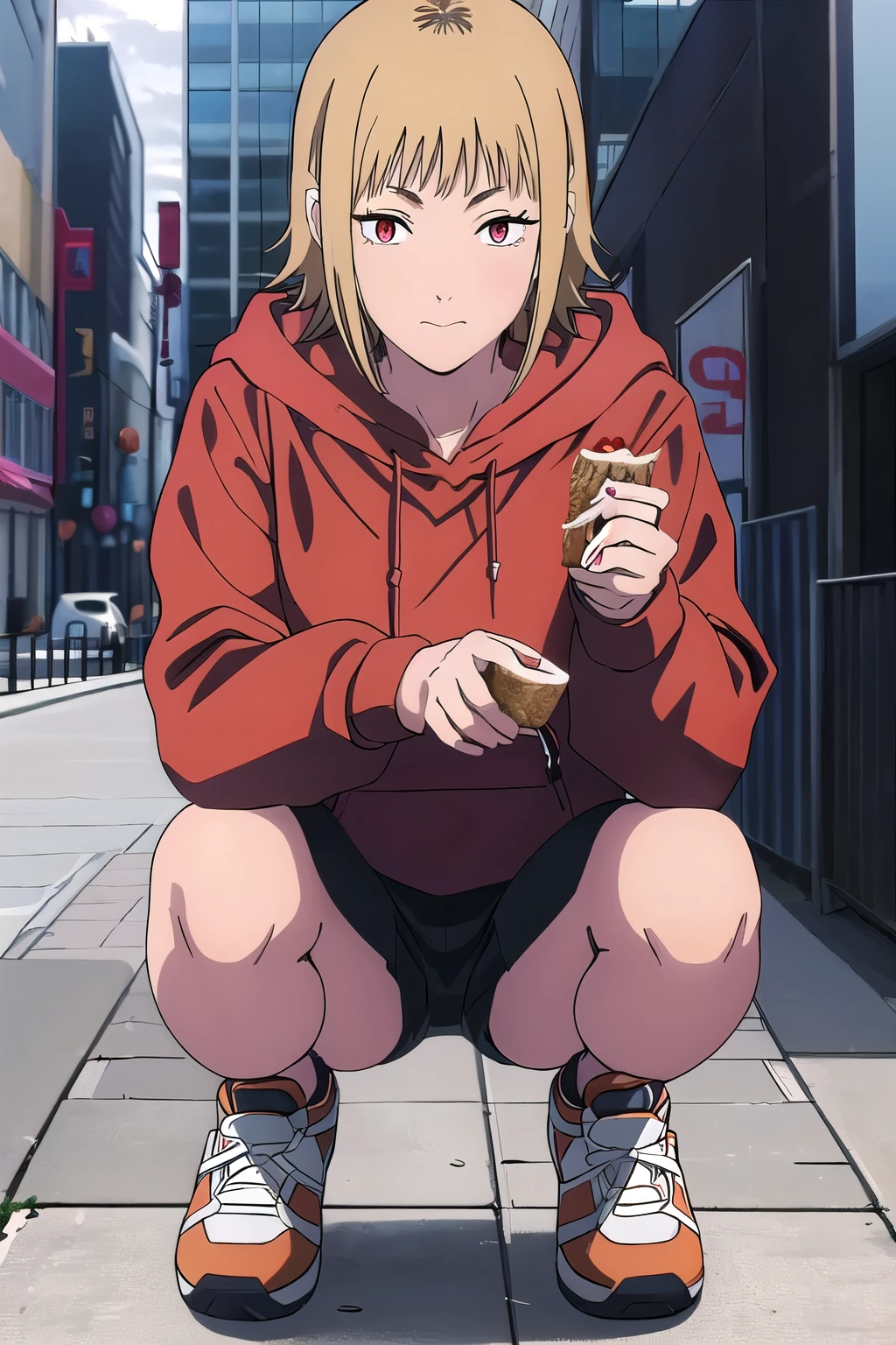 ((Highest quality)), ((Very detailed)), masterpiece, Absurd, Detailed face, Beautiful Face, (Detailed eyes, Deep Eyes), (Akane sawatari), One girl, Red eyes, short hair, Brown Hair, Food, Blonde, Foodie, Mouth closed, (red hoodie), short shorts, orange sneakers, squatting, Cowboy Shot, Outdoors, city