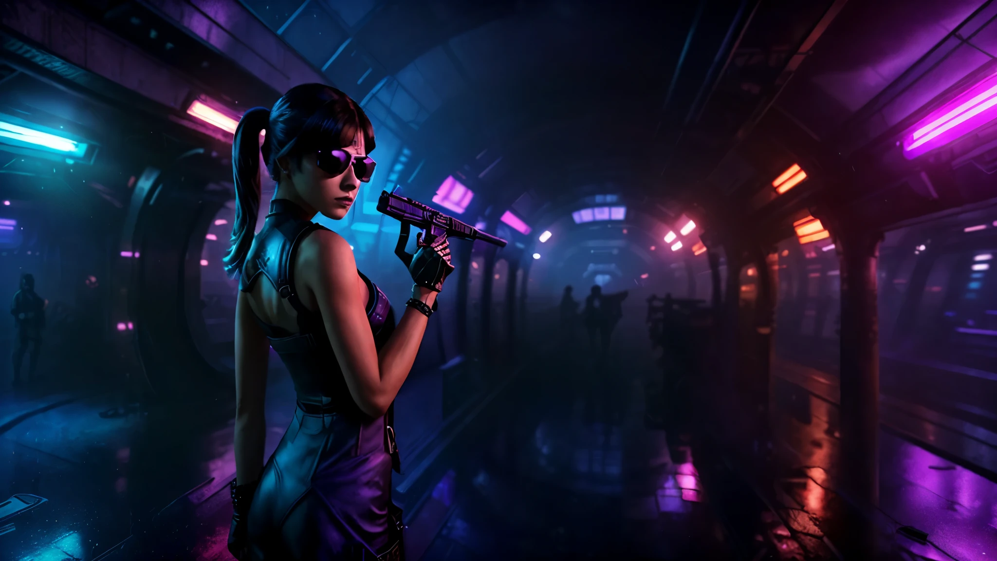 at night. futuristic railway station, neon-themed artwork with vibrant purple and blue colors, intense neon lights illuminating the entire scene, a dense layer of mist creating a dreamy atmosphere, a captivating and mesmerizing background with intricate details, a gaming-inspired theme with RGB lighting effects. (((1girl, solo, alone))), female assassin, large-breast:1.4 slim:0.8 body, medium hair, cleavage:1.1, sexy micro laced lingerie, (black sunglasses), (((((she raised a pistol:1.8 and shot the viewer))))), standing pose, ((half-body thigh:0.95 level medium shot)), cinematic lighting, lens flare, ray tracing.