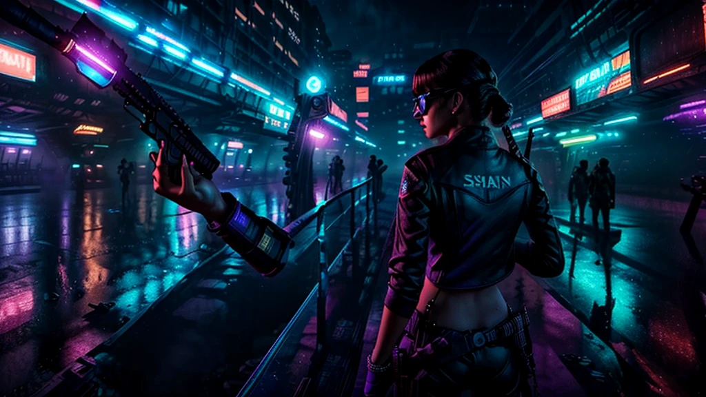 at night. futuristic railway station, neon-themed artwork with vibrant purple and blue colors, intense neon lights illuminating the entire scene, a dense layer of mist creating a dreamy atmosphere, a captivating and mesmerizing background with intricate details, a gaming-inspired theme with RGB lighting effects. (((1girl, solo, alone))), female assassin, large-breast:1.4 slim:0.8 body, medium hair, cleavage:1.1, sexy micro laced lingerie, (black sunglasses), (((((she raised a pistol:1.8 and shot the viewer))))), standing pose, ((half-body thigh:0.95 level medium shot)), cinematic lighting, lens flare, ray tracing.