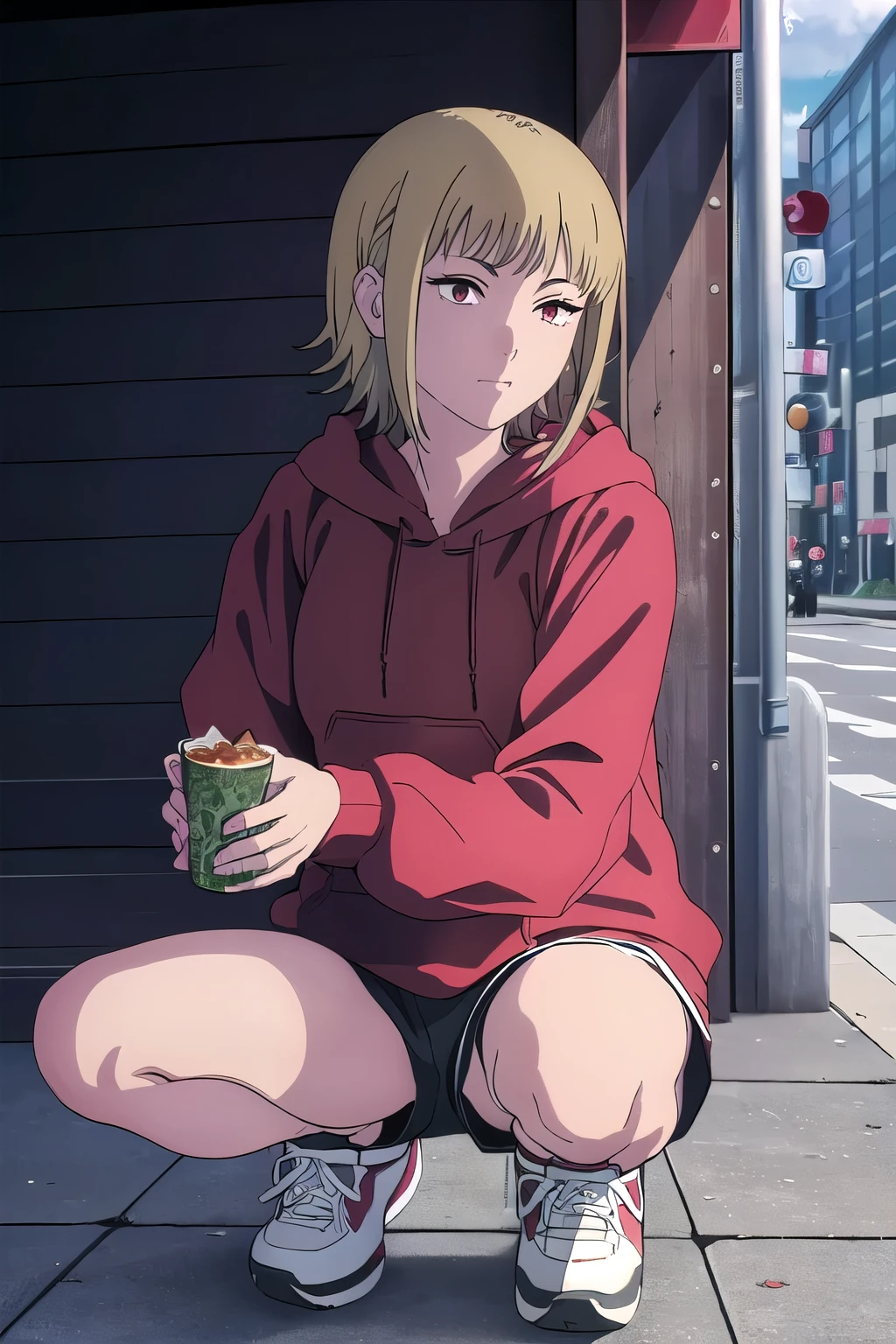 ((Highest quality)), ((Very detailed)), masterpiece, Absurd, Detailed face, Beautiful Face, (Detailed eyes, Deep Eyes), (Akane sawatari), One girl, Red eyes, short hair, Brown Hair, Food, Blonde, Foodie, Mouth closed, (red hoodie), short shorts, sneakers, squatting, Cowboy Shot, Outdoors, city