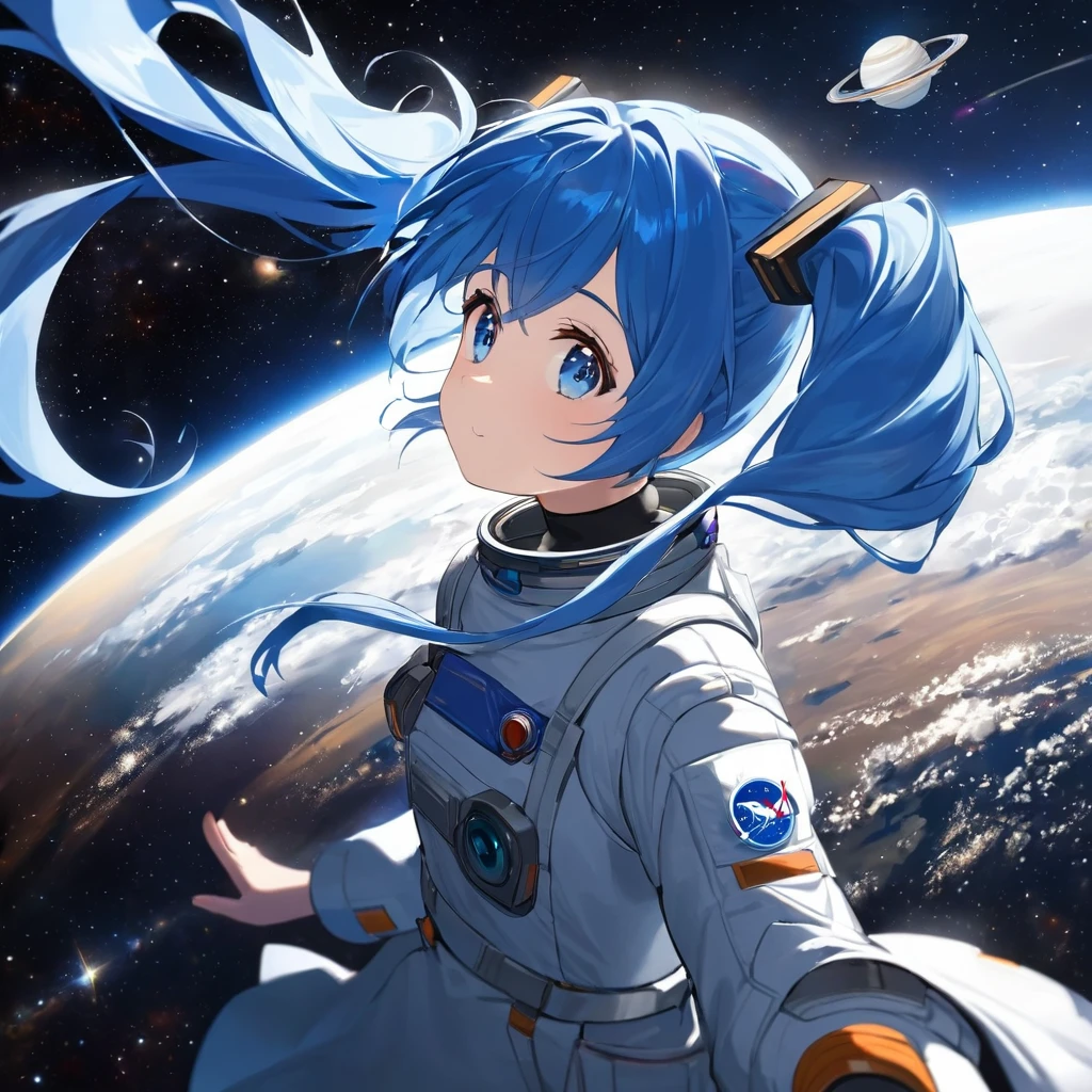 Please, Create an image, depicting a girl with blue hair and two tails, floating in space.