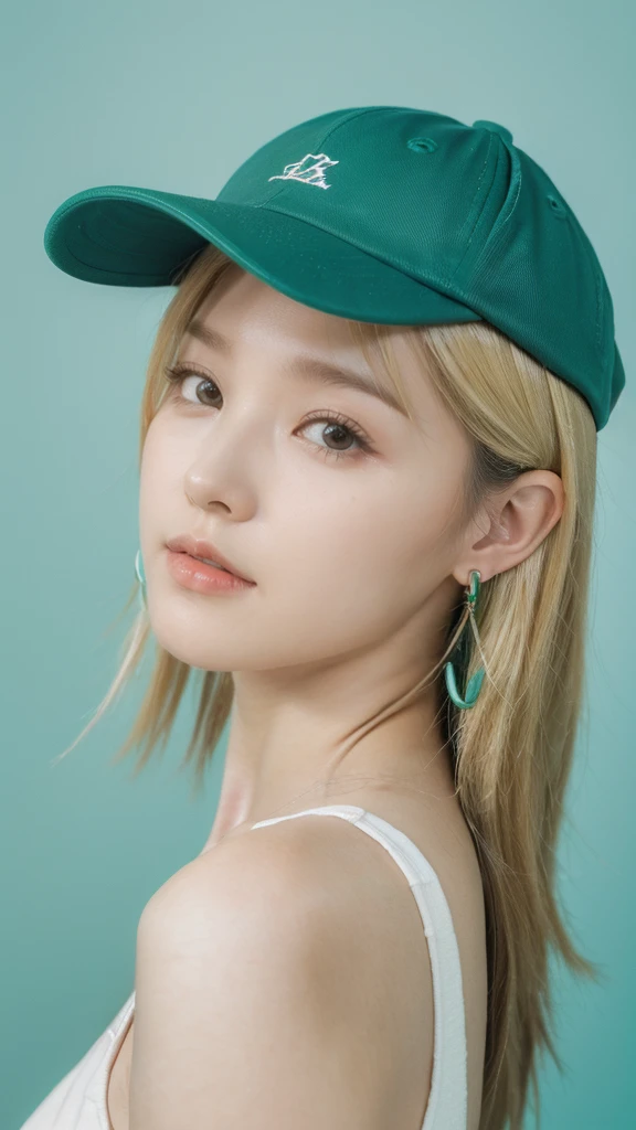 nomura tetsuya, masterpiece, best quality, 1girl, aqua eyes, baseball cap, blonde hair, closed mouth, earrings, green background, hat, hoop earrings, jewelry, looking at viewer, short hair, simple background, solo, upper body,