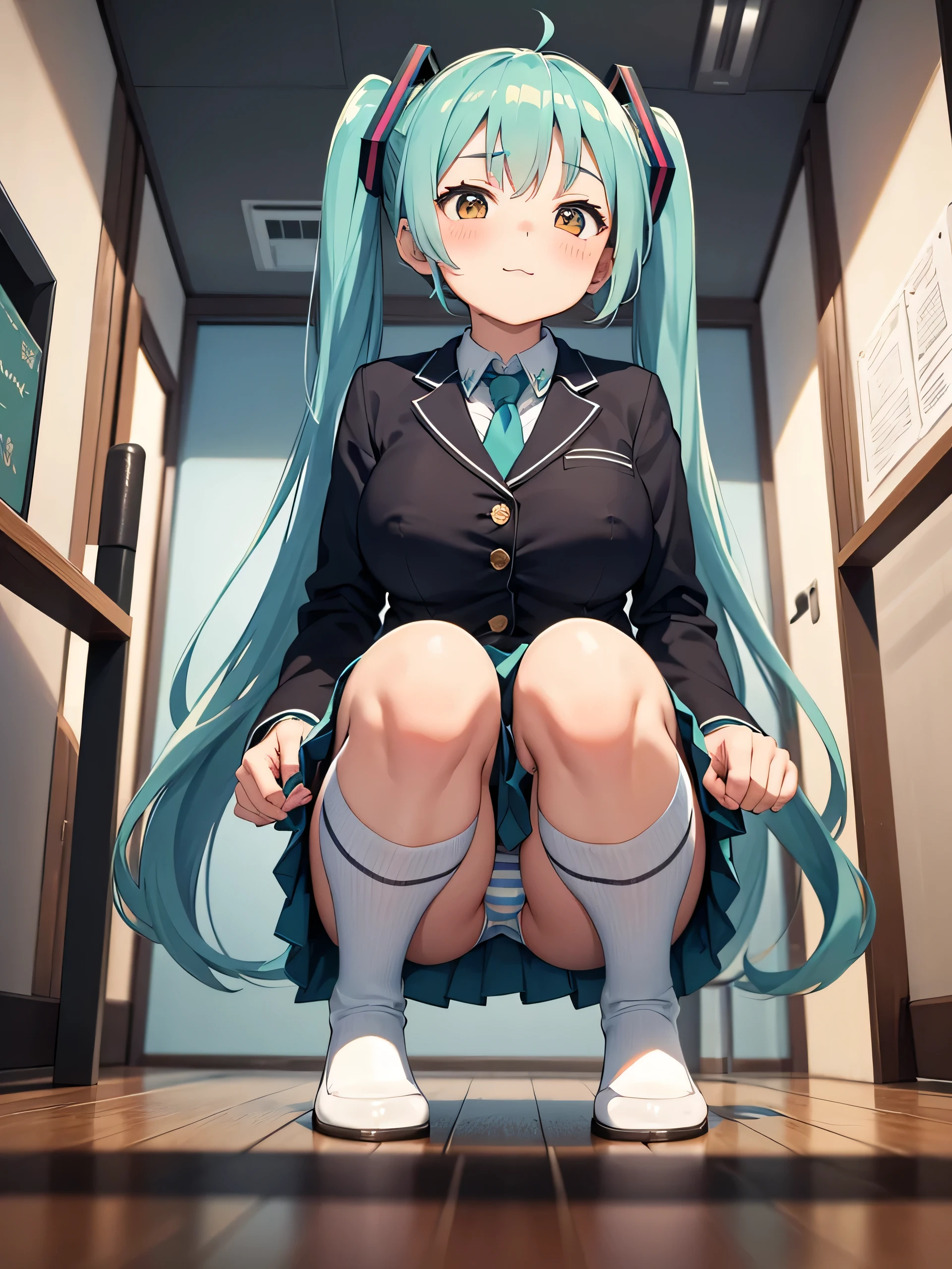 Young Hatsune Miku、girl、独奏、blush、Huge breasts、girl、Kindergarteners、、6 years old、、、be happy、Striped panties、Long skirt、Long sleeve、Colorful student uniforms、、blazer、Clothes are see-through、From below、Wet clothes、Transparent nipples、Squat with your legs apart