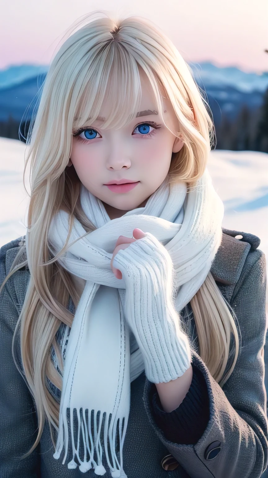 alone, very beautiful nordic girl、Shiny light blonde hair, Beautiful super long straight dazzling blonde hair fluttering in the strong wind,Long bangs obstruct the view、 Very large eyes are pale sky blue, Detailed face, White and beautiful skin、Cheek gloss highlighter、Mittens, White scarf, whole body, Snow Forest, Attractive areas, (Blushing your nose, Heavy breathing:1.1), (dark:1.4)