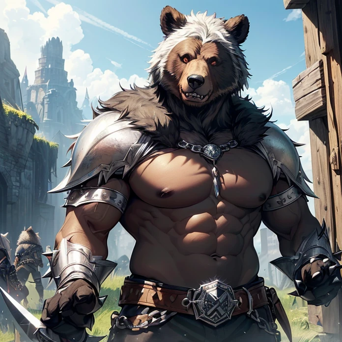 (absurdres, masterpiece, best high quality image epic artwork, high fantasy genre, carefully detailed image, carefully detailed textures, animalistic characters, fantasy animal artwork, anthropomorphic, real animal features, solo animal character, )
{{(1humanoid-animal: 60 years old male brown fur Humanoid-Grizzly Bear scout:) ((big rounded bear head, green bear eyes, black nose, rounded bear ears, bear neck, bear open mouth with sharp teeth and sharp fangs), (Hulking bear body, muscular bear arms, bear hands with five fingers and grey sharp claws), (muscular bear legs, bear feet, five bear fingers with grey sharp claws)), ((bulky silver shoulder plates, black spikes around shoulder plates, silver cuirass, silver hip armor, silver celtic belt), (long silver war hammer with black spikes)), (serious bear face, imponent bear warrior pose, bear calmed demeanor, passive aggressive demeanor), (ancient germanic tribe styled village, green grass, wooden tents, morning sky, sun rising in the sky))}}