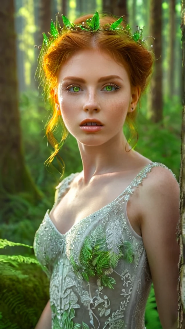 a beautiful young redhead woman with striking yellow-green eyes, detailed face, long eyelashes, beautiful detailed lips, elegant dress, intricate jewelry, ethereal atmosphere, glowing skin, natural lighting, fantasy forest background, (best quality,4k,8k,highres,masterpiece:1.2),ultra-detailed,(realistic,photorealistic,photo-realistic:1.37),vibrant colors,cinematic lighting,portrait