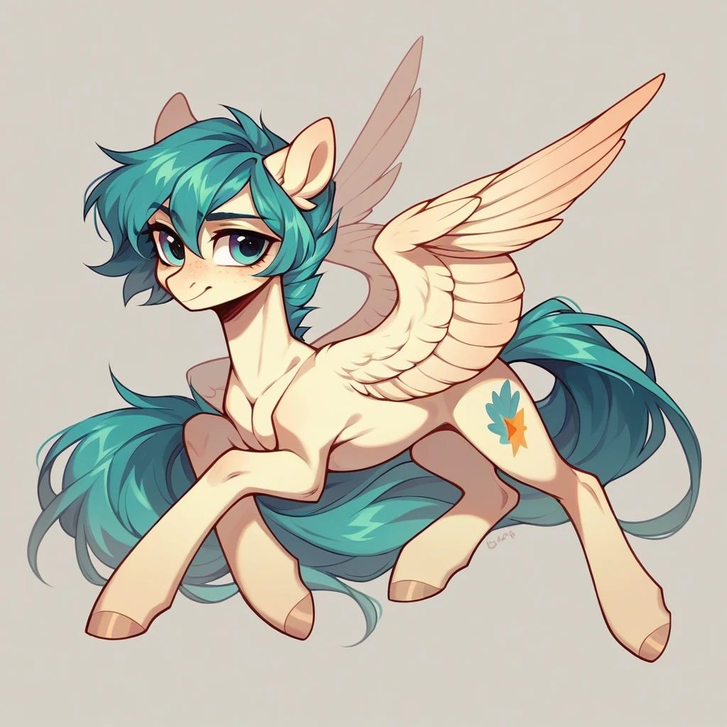 My little pony OC, wild pony, cuddly, masculine gender but with a somewhat feminine appearance, femboy, full body, pegasus, alone