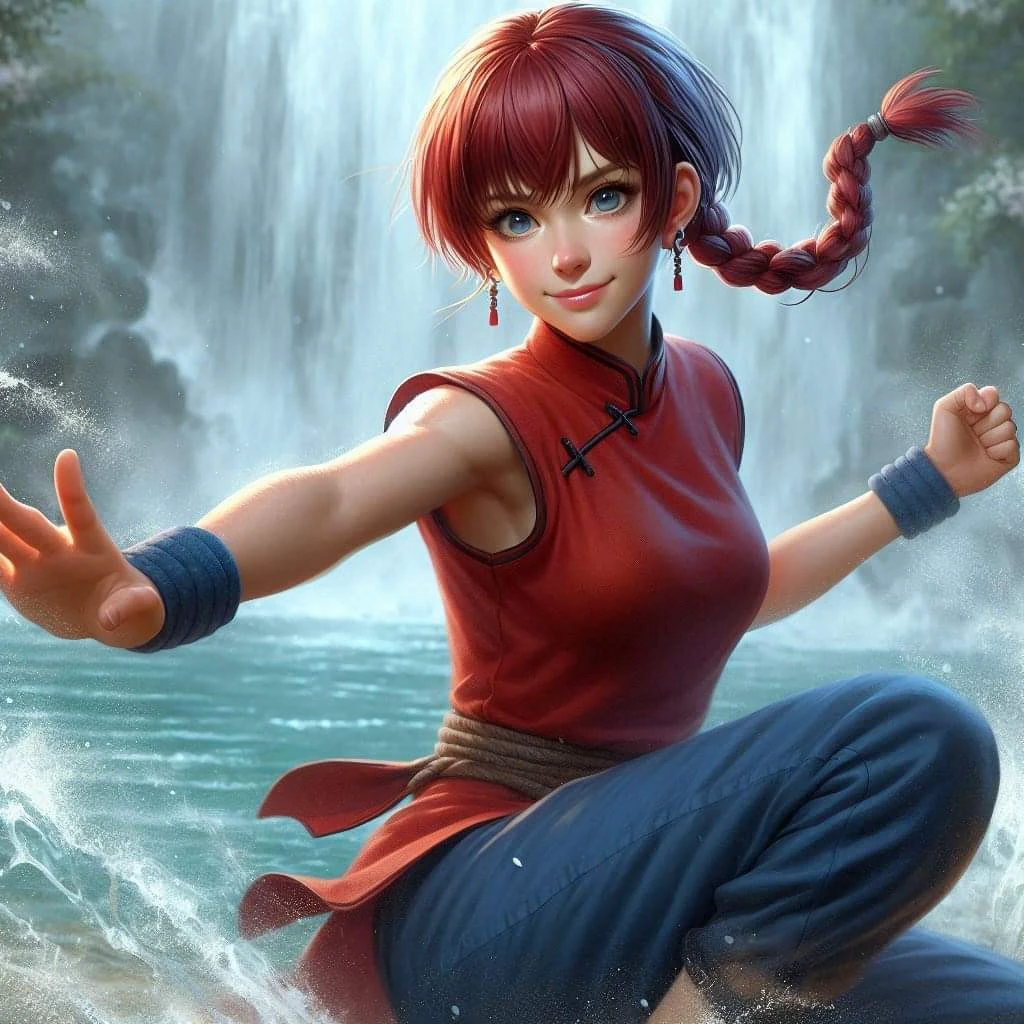 Potography hyper realistic of Ranma, a young female character with striking red short hair with a braided pigtail, has a beautiful body. She is dressed in kungfu attire: a sleeveless red shirt, navy pants, and slip-on shoes. Standing behind her is a large, serious panda. Both are captured in dynamic action poses with martial arts elements, set against a misty waterfall backdrop.
