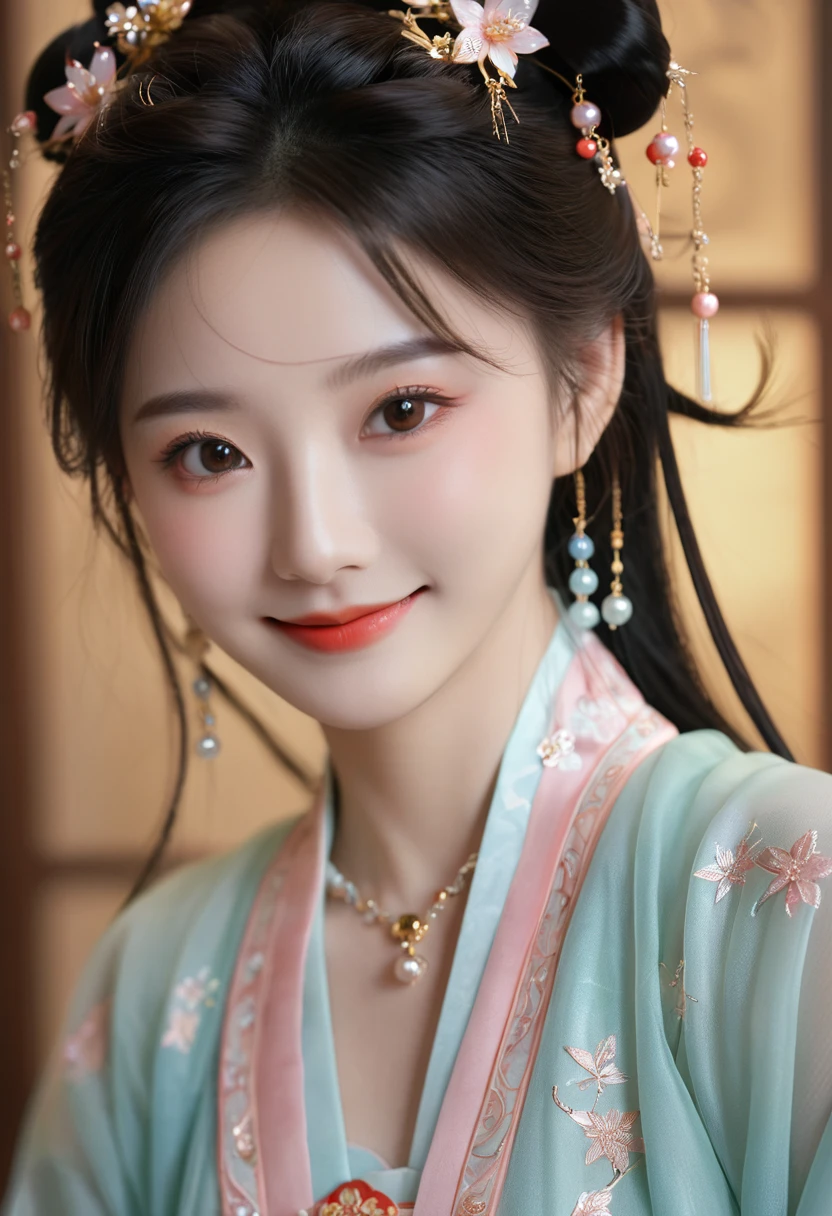 excellent quality, masterpiece, High Resolutiexist, 1 Girl, blush, (Charming smile: 0.8), Star Eyes, Chinese Hanfu, Hair accessories, necklace, Jewelry, beauty, exist_Body, Tyndall effect, realism, Shadow Room, Light Edge, Two-texiste Lighting, (High Detail Skin: 1.2), 8K UHD, SLR, Soft Light, high quality, Volumetric Lighting, photo, High Resolutiexist, 4K, 8K, Background blur, Light tulle,