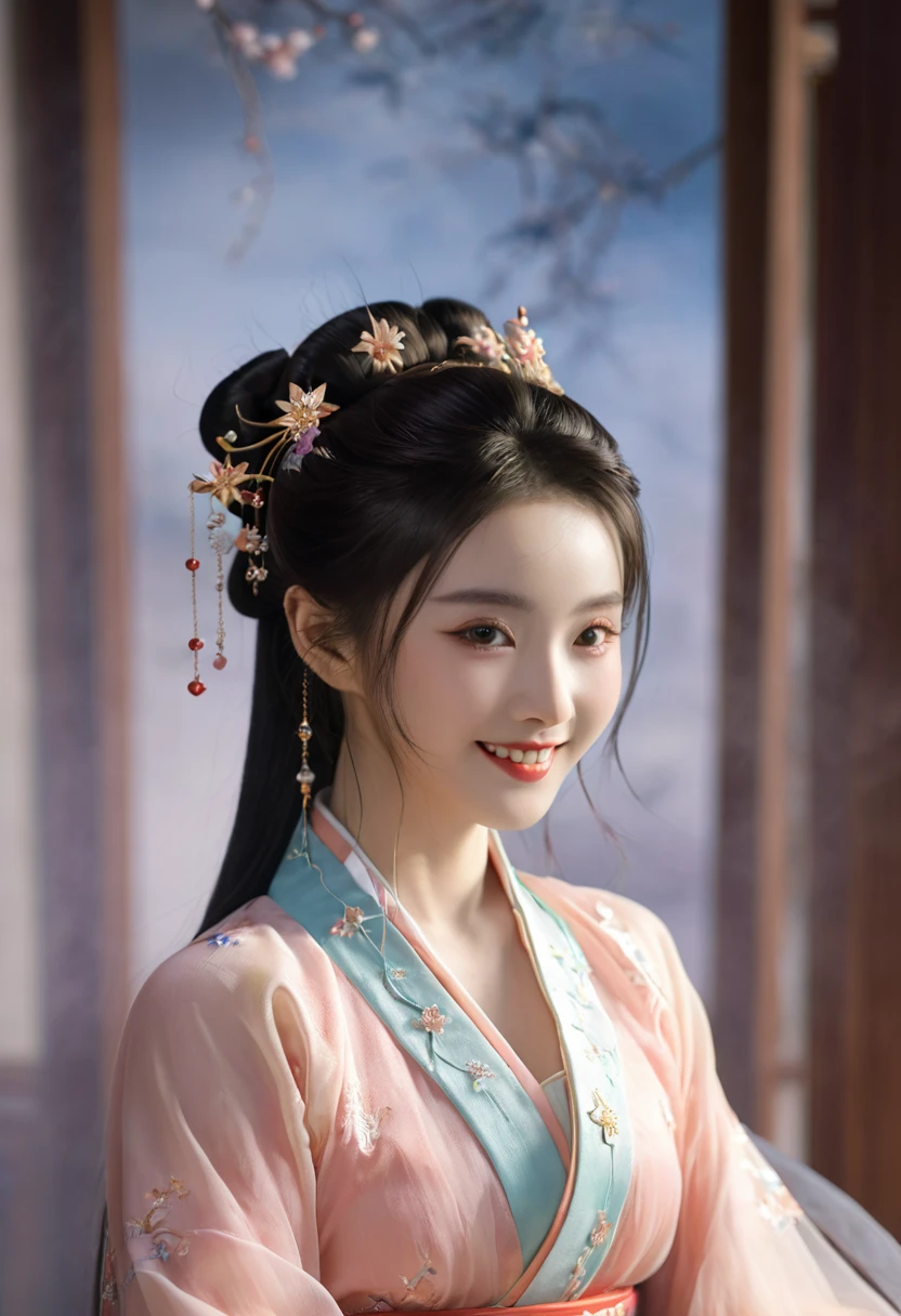 excellent quality, masterpiece, High Resolutiexist, 1 Girl, blush, (Charming smile: 0.8), Star Eyes, Chinese Hanfu, Hair accessories, necklace, Jewelry, beauty, exist_Body, Tyndall effect, realism, Shadow Room, Light Edge, Two-texiste Lighting, (High Detail Skin: 1.2), 8K UHD, SLR, Soft Light, high quality, Volumetric Lighting, photo, High Resolutiexist, 4K, 8K, Background blur, Light tulle,