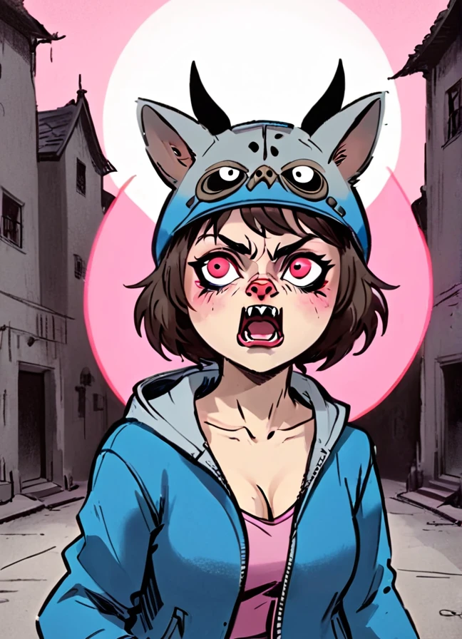 White Tanuki Hyena, brown hair, short hair, wavy hair, floating hair, undercut, wizard hat, winged helmet, Circle Eye, bloodshot devil pink eyes, Biggest Ultra Breasts, Blue Techwear Jacket, Pug Mouth, angry, frown, v-shaped eyebrows, Surrealism, Style of Joseph Barbara , 8k