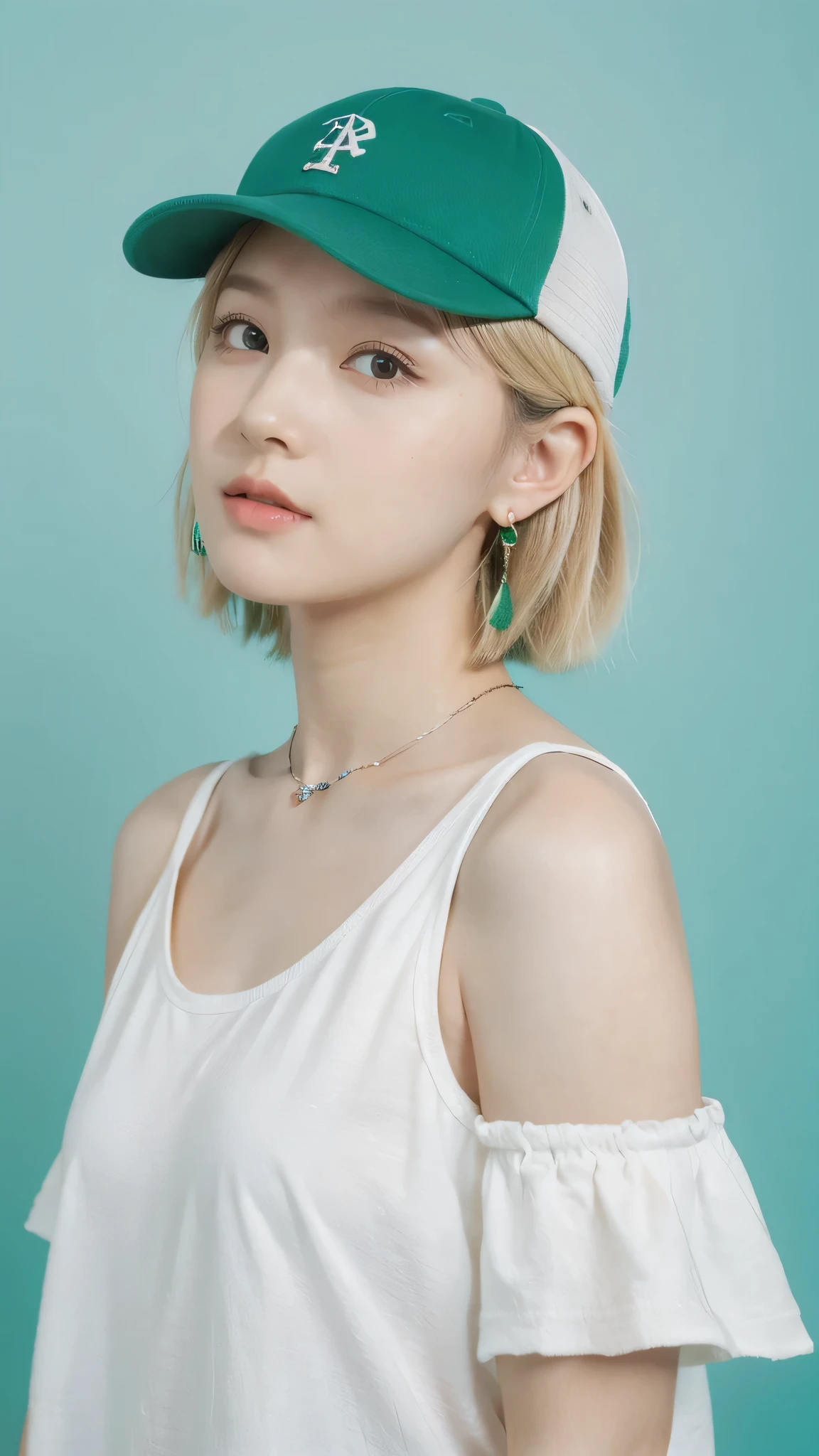 nomura tetsuya, masterpiece, best quality, 1girl, aqua eyes, baseball cap, blonde hair, closed mouth, earrings, green background, hat, hoop earrings, jewelry, looking at viewer, short hair, simple background, solo, upper body,