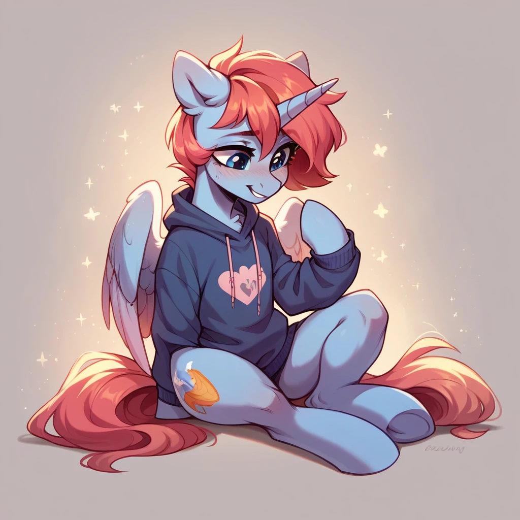 My little pony OC, wild pony, cuddly, feminine gender, in a sweatshirt, alicorn, full body
