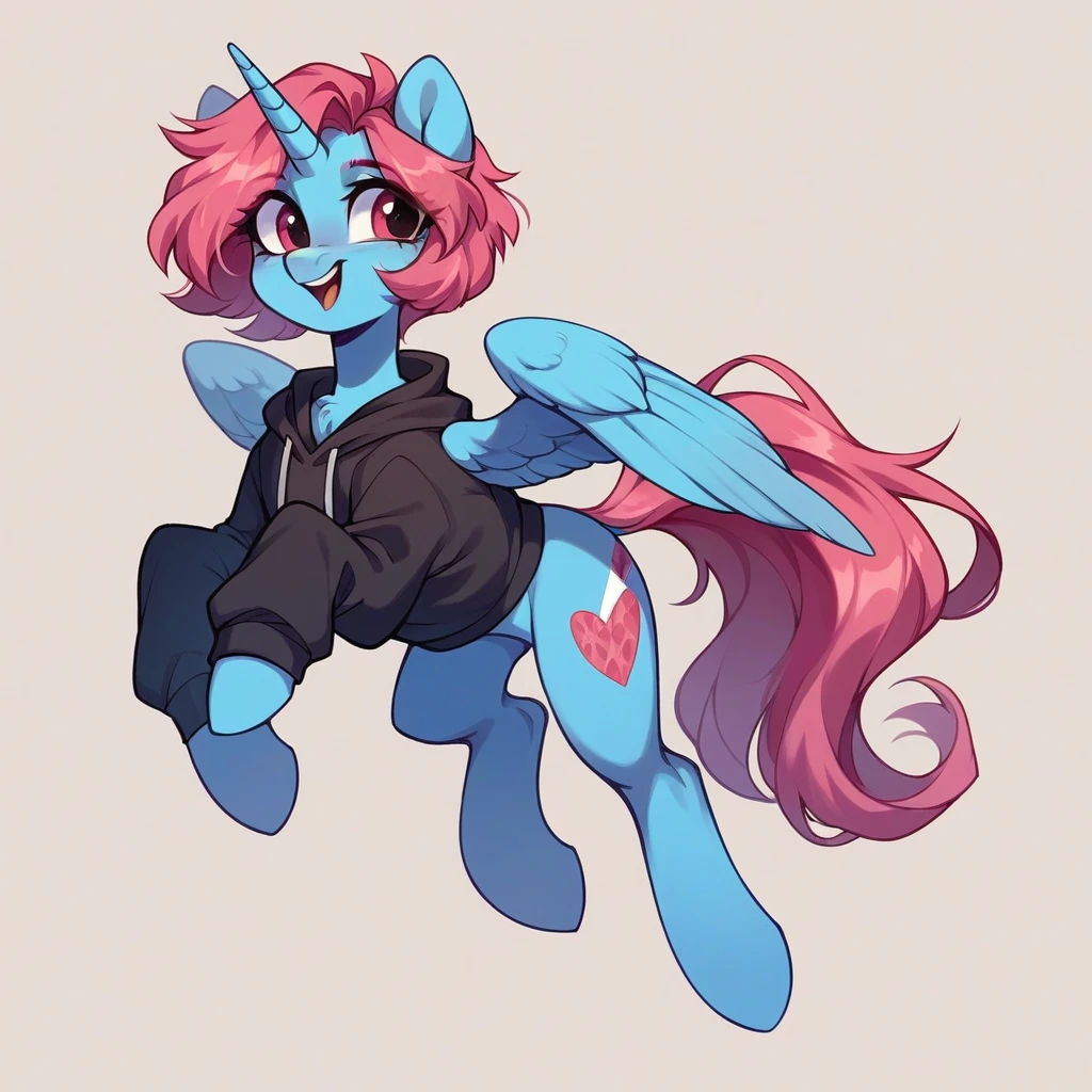 My little pony OC, wild pony, cuddly, feminine gender, in a sweatshirt, alicorn, full body