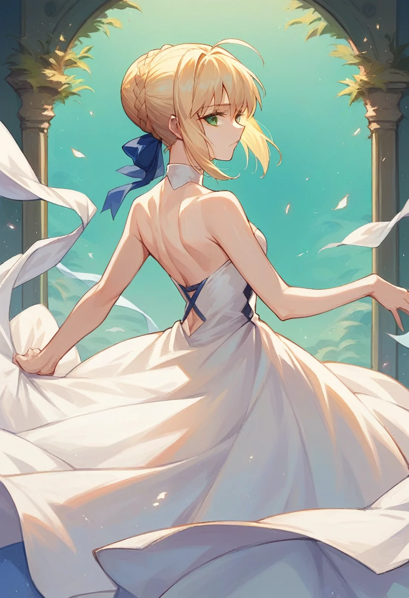 1 girl, saber (fate series), Artoria Pendragon (fate series), bare shoulders, white dress