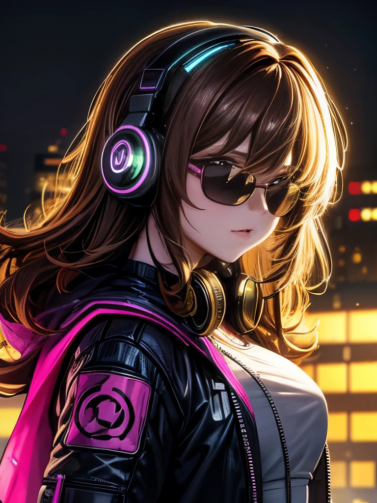Ultra high definition、Brown Hair、Beautiful woman with curly hair and sunglasses、Full size headphones(Earpiece or surround)Wear、Neon glow of neon cyberpunk coordinator at night in a dark room。colorful、