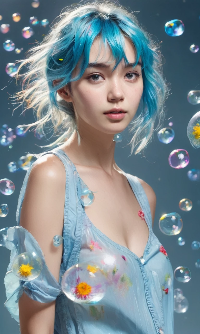 (masterpiece), (Highest quality), (Super Detail), (Disheveled Hair), (figure), (One Girl), (Fashionable clothes), Are standing, Fashion Model, Viewer, (interview), (Simple Background), Beautiful and beautiful eyes, Delicate and beautiful face, floating, (High saturation), (Colorful Splash), Colorful Bubbles, (Shine), Focus on the face, ponytail, Light blue hair, bangs, Hair Ring, floating Flowers, floating Hairs, (The Shining), Best lighting, Best Shadow