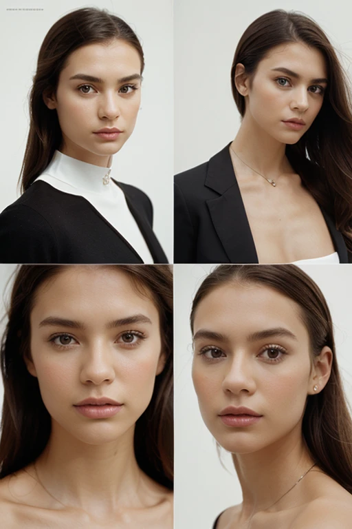 Style of chic photography, split into multiple different images shot from various angles, différent expression, against a white background, kodak portra 160