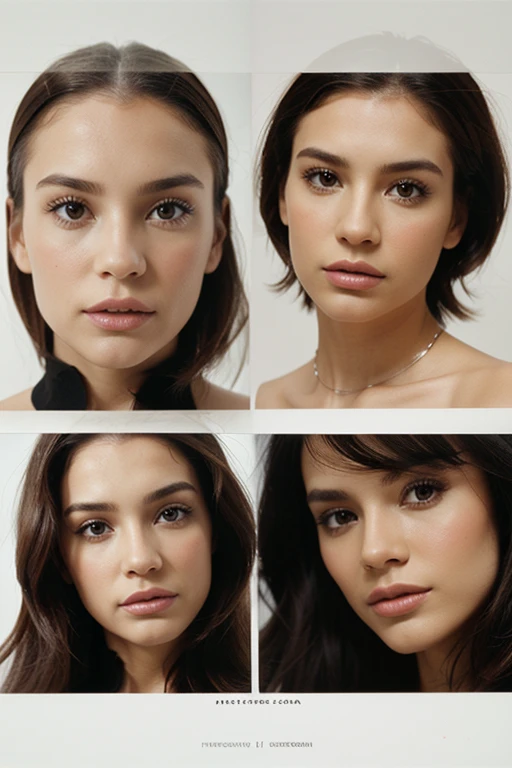 Style of chic photography, split into multiple different images shot from various angles, différent expression, against a white background, kodak portra 160