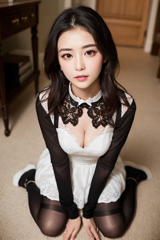 (((masterpiece))), (((Highest quality: 1.4))), ((Very detailed: 1.4)) , ((Full Body Shot:1.5)), (Shooting from the side), Sitting on the floor、 (perspective:1.3), ((woman)), Very beautiful、Sexy Adults、((collar、perspective lace dress、Ultra-realistic shiny black tights))、 Perfect appearance，double eyelidの目，Delicate makeup，Cruel beauty,　Accurate facial expressions、Skin texture and other details,(The most beautiful face and eyes), double eyelid,Delicate skin,