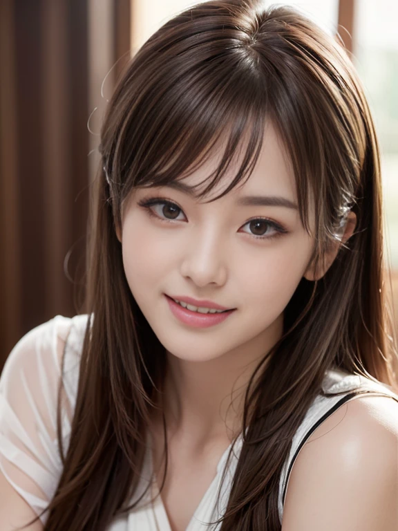 (RAW Photos, Highest quality), (Realistic, Photorealistic:1.4), masterpiece, Very delicate and beautiful, Very detailed, 8k wallpaper, wonderful, In detail, Highly detailed CG unification, High resolution, 1 Japanese female, Cowboy Shot, Soft Light, Beautiful detailed woman, Age 25, Very detailed目と顔, Beautifully detailed nose, Beautiful attention to detail, Cinema Lighting, Perfect Anatomy, Glamour, (Mischievous Smile), (My hair is messy, Asymmetrical bangs, Light brown hair), (Neat and clean clothing), (Layering),