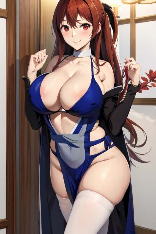 masterpiece, best quality, beautiful art, high resolution, well formed hands, body and fingers, 1 woman, solo, Maou , hair ornament, adult, grown up, big breasted, cleavage, full body, braided long hair, blue_japanese_clothes, wearing DOA Kasumi's blue kunoichi dress, sexy and skimpy japanese clothes, kimono peek, sleeveless, white stockings, gorgeous legs and thighs, doing exercise, warming up, working out, sexy and captivating training, smiling joyfully and happily , looking at the viewer, , sweating , bouncing breasts, bikini thong, training montage session, beach environment