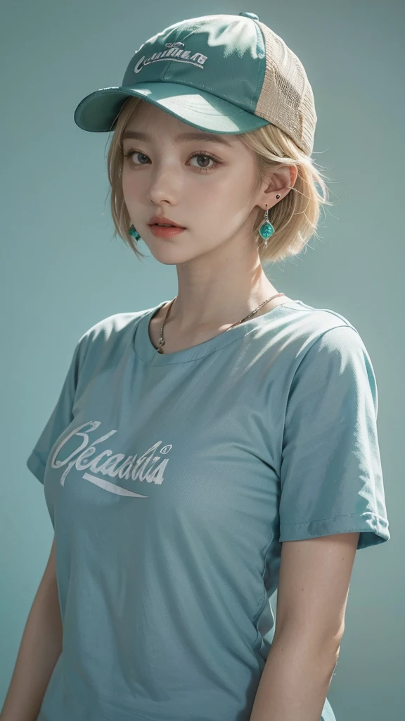 nomura tetsuya, masterpiece, best quality, 1girl, aqua eyes, baseball cap, blonde hair, closed mouth, earrings, green background, hat, hoop earrings, jewelry, looking at viewer, short hair, simple background, solo, upper body, big breast