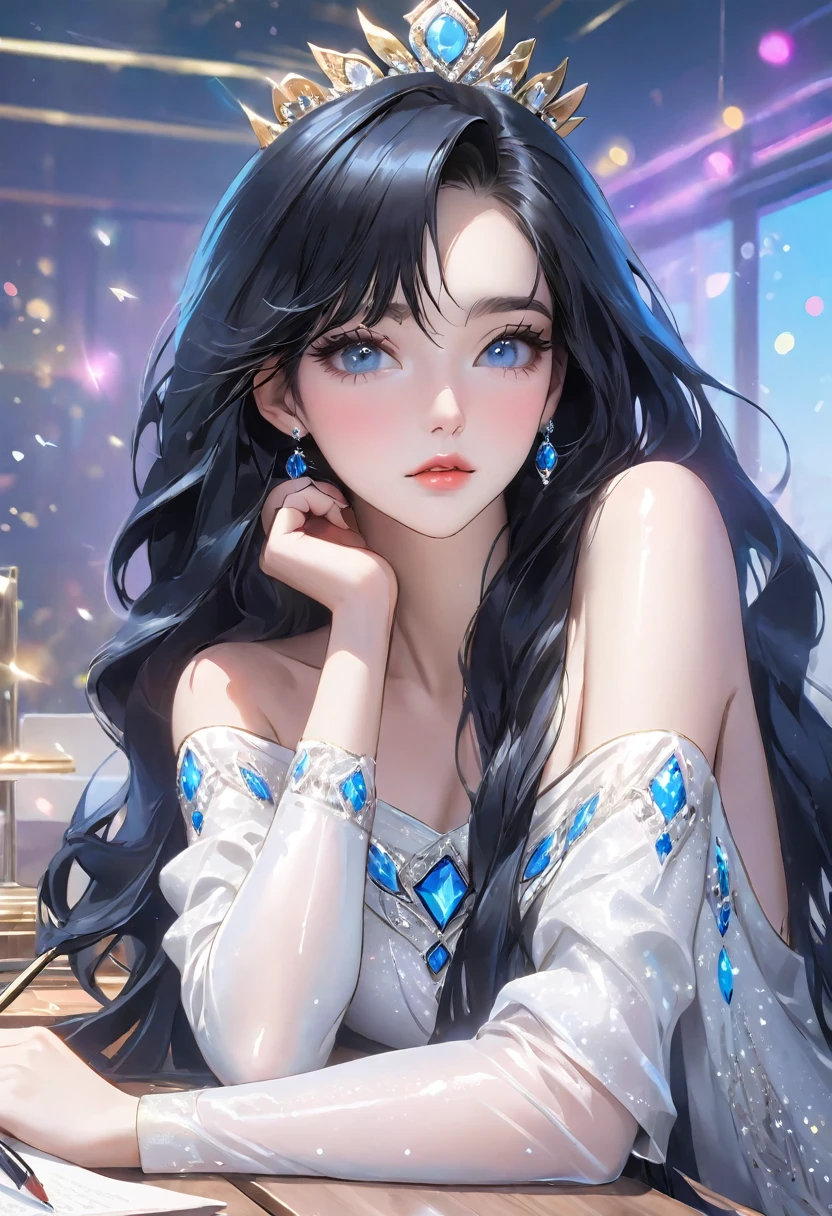 A beautiful girl with long black hair, blue eyes, resting her chin on the desk, long eyelashes, white off-the-shoulder outfit, mature, made-up face, pretty, older sister, glitter eye make-up, Korean-style make-up, masterpiece, perfect hand shape