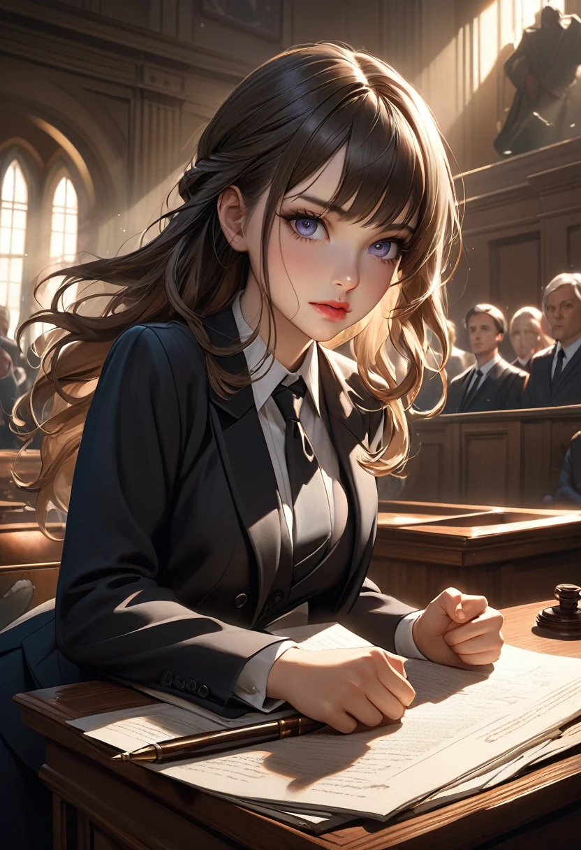 Beautiful and cute young female lawyer, standing in the courtroom, banging the desk with her fist and making a powerful defense:1.2, great storytelling, detailed depiction of the courtroom, realistic and detailed paintings, intricate details, dramatic scenes . Lighting, cinematic composition, rich textures, vibrant colors, chiaroscuro, sharp focus, surreal, photorealistic: 1.37, 16k, highest quality, high resolution, masterpiece: 1.2, professional digital art, through bangs Beautiful details (hair, cute face, eyes, pupils, long eyelashes, lips):0.8, middle breasts