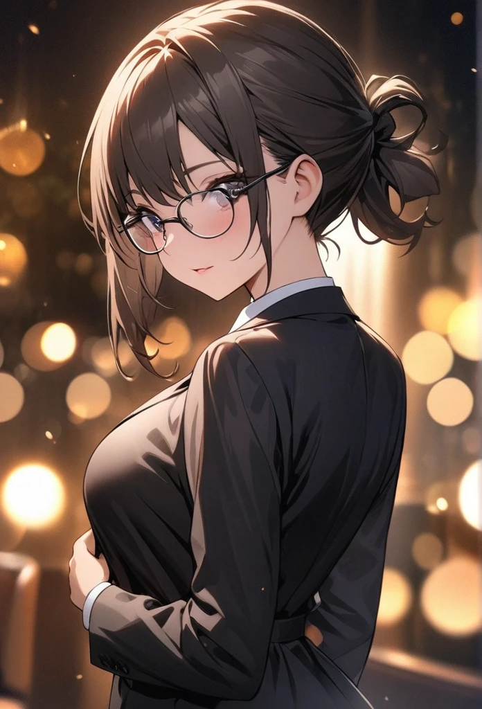 masterpiece, best quality, extremely detailed CG unity 8k wallpaper, lawyer, woman, Glasses, Wearing a crisp suit, Hair tied up, bokeh photography, (soft focus):1.2, out-of-focus highlights, dreamy ambiance, glowing circles, mesmerizing depth, Cowboy Shot, Court