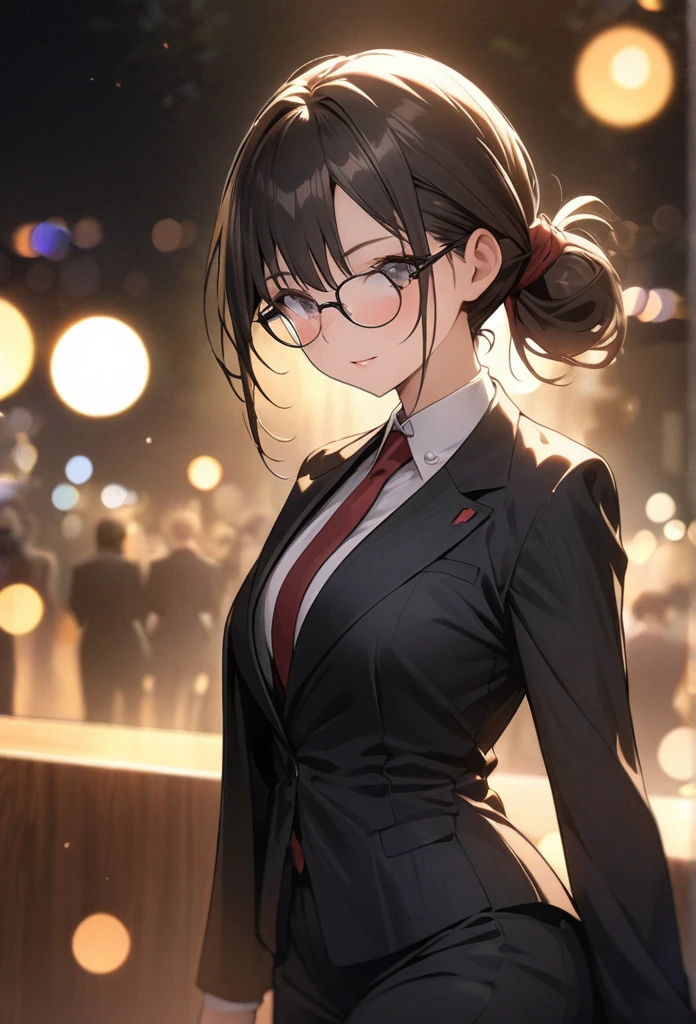 masterpiece, best quality, extremely detailed CG unity 8k wallpaper, lawyer, woman, Glasses, Wearing a crisp suit, Hair tied up, bokeh photography, (soft focus):1.2, out-of-focus highlights, dreamy ambiance, glowing circles, mesmerizing depth, Cowboy Shot, Court
