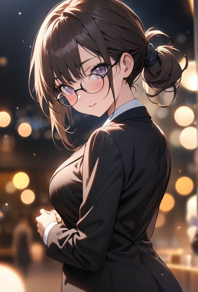 masterpiece, best quality, extremely detailed CG unity 8k wallpaper, lawyer, woman, Glasses, Wearing a crisp suit, Hair tied up, bokeh photography, (soft focus):1.2, out-of-focus highlights, dreamy ambiance, glowing circles, mesmerizing depth, Cowboy Shot, Court