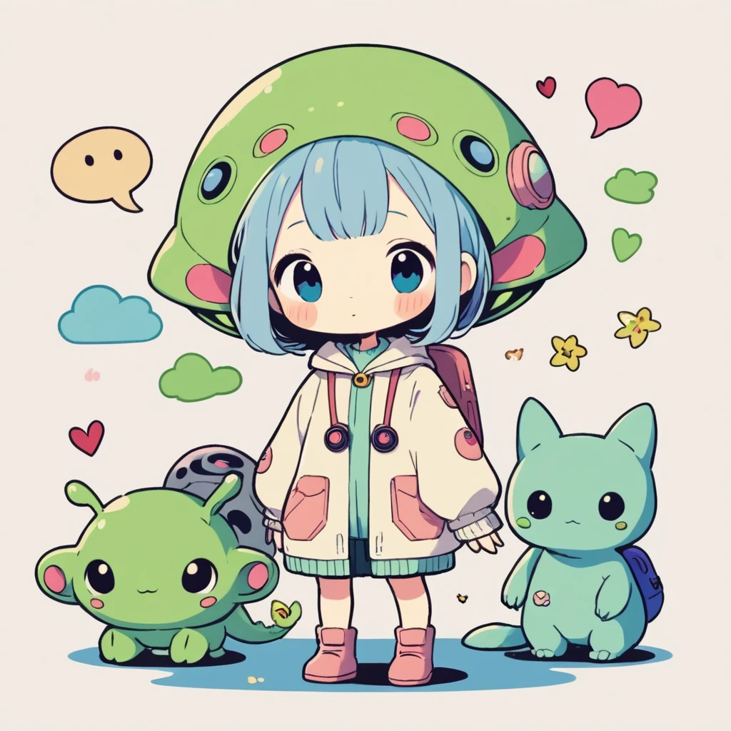 hayao miyazaki style, Kawaii Design, (((Cute humanoid alien))), No people, (((No background)))